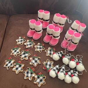 Pink and White Santa Booties and Ornaments Set